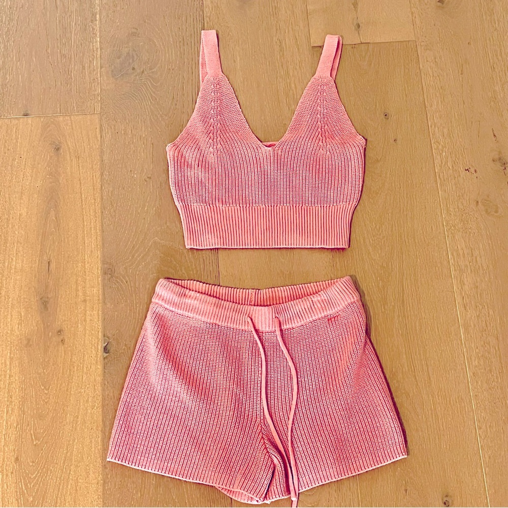 Z Supply Pink Ribbed Crop Top and Shorts Set